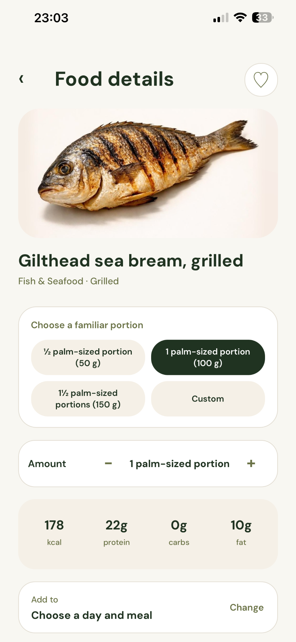 Food details: grilled sea bream and familiar portion choices.