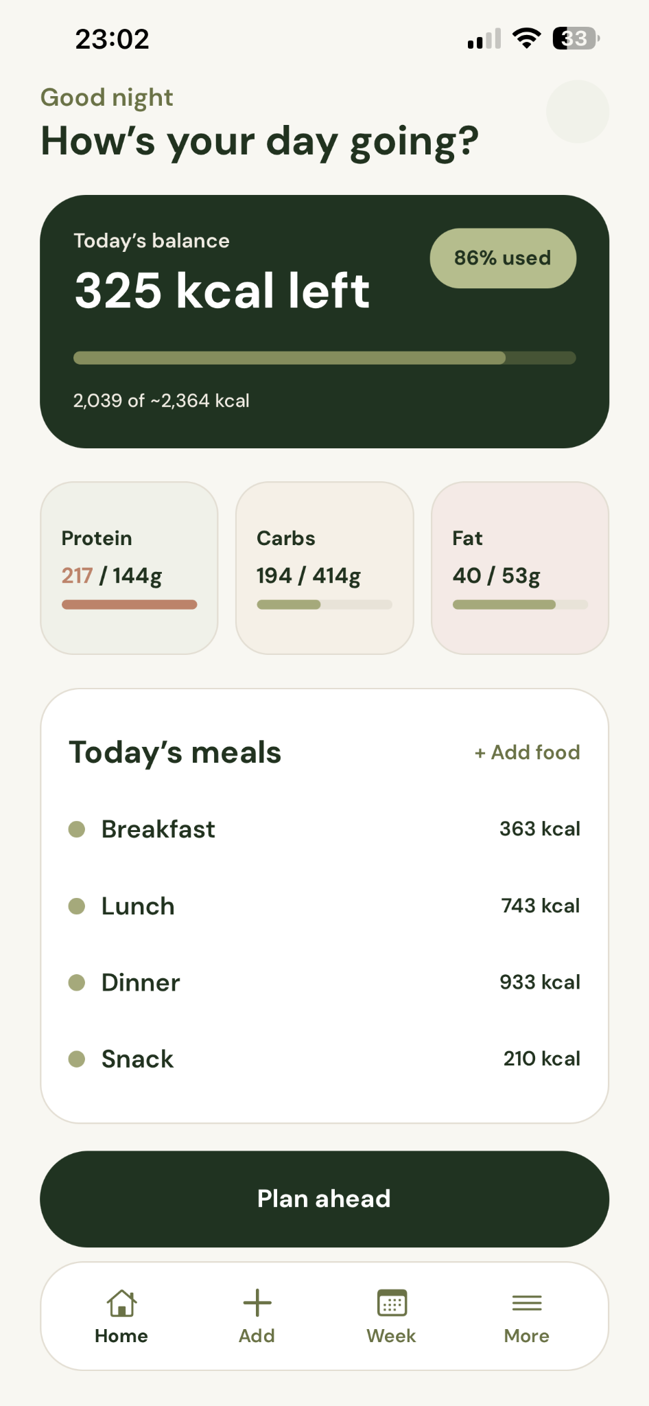 Today: daily balance, meals and Plan ahead.